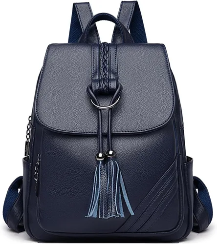 Vista 10 de FANDARE Mochila vintage para mujer con borla, mochila de cuero PU para mujer, Negro, Grande