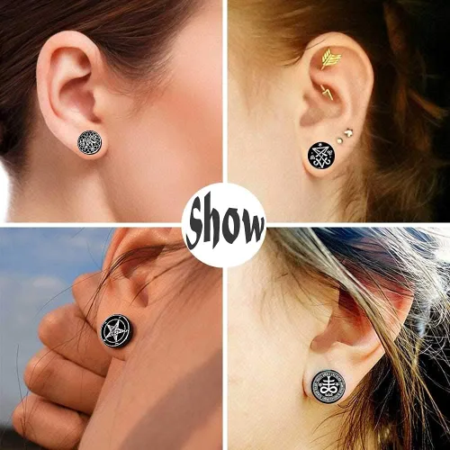 Vista 2 de FLYUN 6 pares de aretes de calavera para hombre aretes de calibre falso aretes de tapones falsos para hombres y hombres aretes negros con tornillo