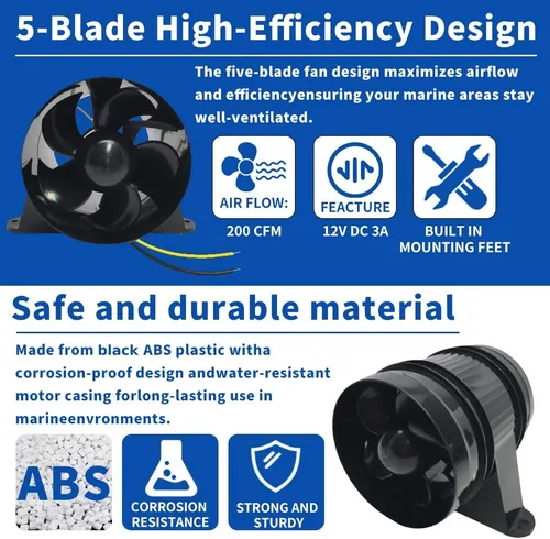 Vista 2 de Pactrade Marine Turbo - Ventilador en línea – Ventilador en línea de 4 pulgadas (negro/blanco) – 200 CFM, 12 V CC – Compacto e impermeable soplador