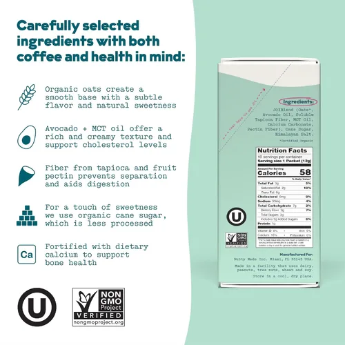 Vista 2 de Crema para café de leche de avena, endulzada en caja de 10 unidades de JOI - Superalimento, vegana, sin lácteos, a base de plantas, kosher, de larga