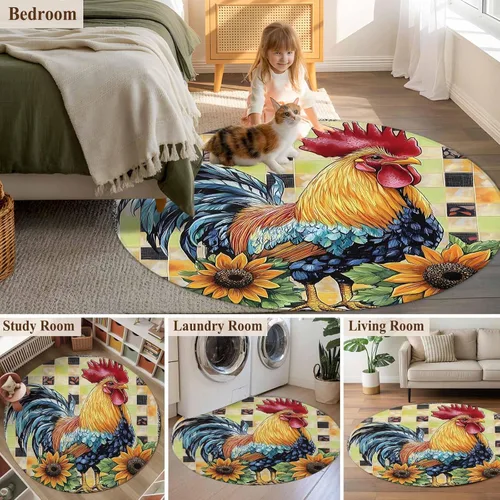 Vista 6 de 4ft Round Rug, Retro Rooster Non-Skid Rubber Backing Large Area Rugs - Living Room Bedroom Home Office, Yellow Sunflower Watercolor Animals Plaid