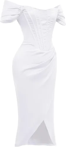 Vista 4 de Vestido de satén con hombros descubiertos para mujer, sin tirantes, espalda descubierta, abertura alta, entallado, fruncido, vestido de fiesta