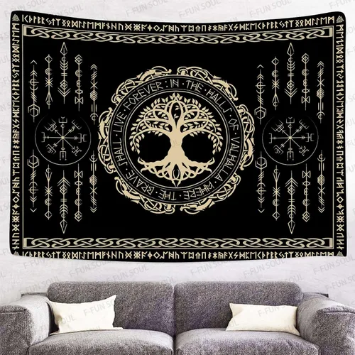 Vista 24 de F-FUN SOUL Tapiz de los vikingos nórdicos, franela suave, 40 x 30 pulgadas, nudo triskele vikingo, runa celta, tapiz de mitología estética