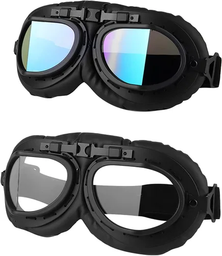 Vista 12 de LJDJ Gafas de motocicleta, paquete de 2 gafas de montar estilo piloto vintage, gafas de hombre ardiente para hombres, mujeres, jóvenes y adultos