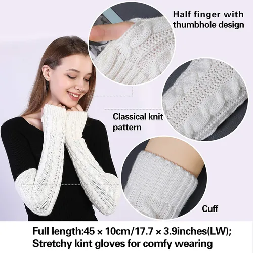 Vista 17 de Bellady Guantes de invierno para mujer, cálidos sobre el codo, guantes largos sin dedos con agujero para el pulgar, guantes de punto para calentar
