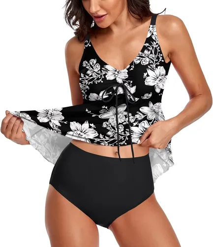 Vista 2 de Trajes de baño tankini para mujer, 2 piezas, blusa sin mangas, con parte inferior de bikini