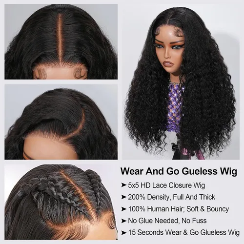 Vista 5 de Wear and Go - Pelucas de cabello humano prearrancadas precortadas 5x5 con cierre HD, pelucas de cabello humano ondulado profundo con encaje frontal
