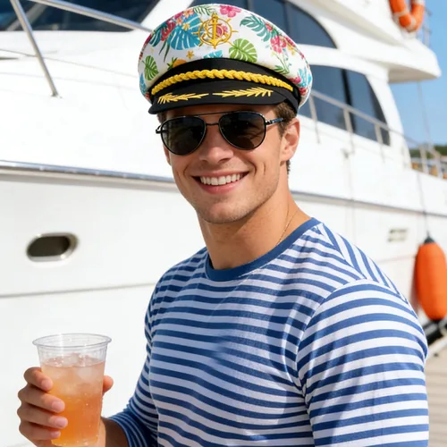 Vista 6 de Sombrero de capitán marinero, sombrero azul marino, yate, barco, tropical, hawaiano, flores, regalos de fiesta, accesorios de disfraz para mujeres