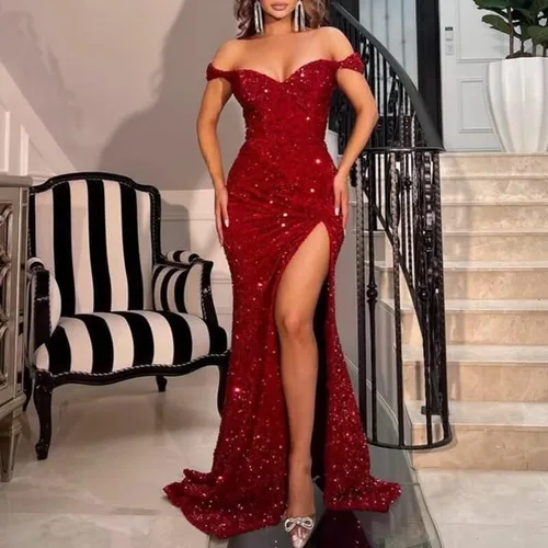 Vista 2 de Youjiayi Vestidos de fiesta de sirena con abertura, vestidos largos de lentejuelas para mujer, vestidos de noche con hombros descubiertos, con cola