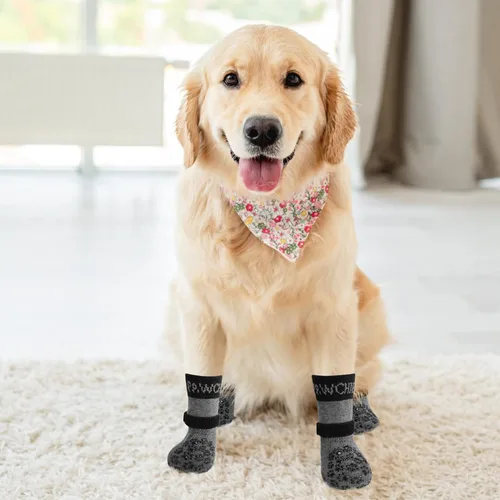 Vista 6 de PAWCHIE Calcetines antideslizantes para perros para suelo de madera dura con correa para interiores, protector de patas de punto, control de tracción