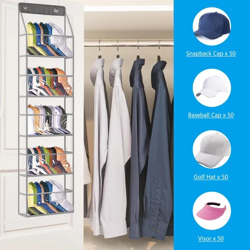 Vista 4 de Percheros transparentes para gorras de béisbol, grandes con capacidad para hasta 50 gorras, organizador de almacenamiento de sombreros para pared