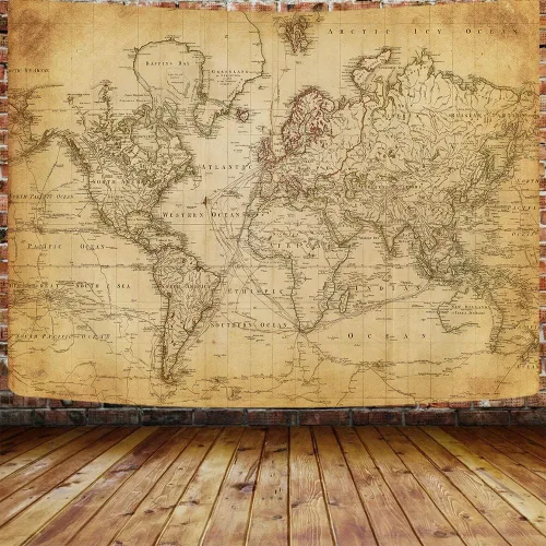 Vista 2 de GOAOK Tapiz de mapa del mundo antiguo, tapiz vintage de distribución geográfica, tapiz para colgar en la pared, póster de mapa mundial educativo