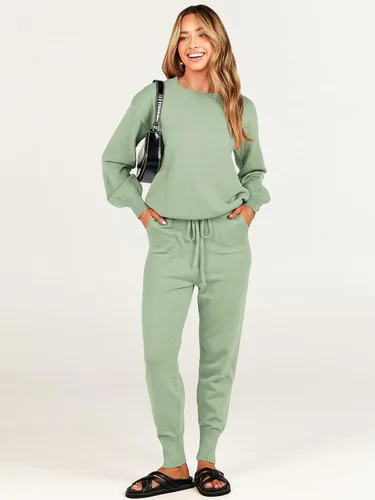 Vista 5 de ANRABESS - Conjunto de dos piezas para mujer, conjunto de suéter de manga larga sin botones y pantalones con cordón