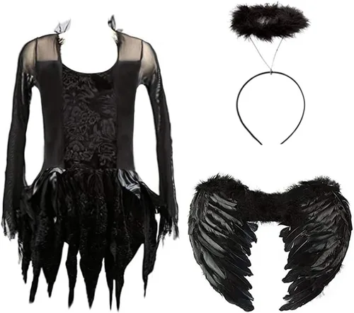 Vista 4 de Koatobbor Disfraz de ángulo caído para niñas, vestido de fiesta negro con diadema y alas