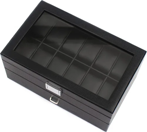 Vista 5 de Caja organizadora de reloj para hombres, 24 ranuras lujosa y masculina caja de exhibición texturizada de fibra de carbono - Parte superior de vidrio