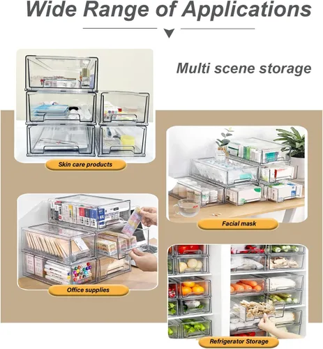 Vista 3 de Cajones de almacenamiento apilables, organizador extraíble transparente con asas y almohadillas antideslizantes para cocina, refrigerador