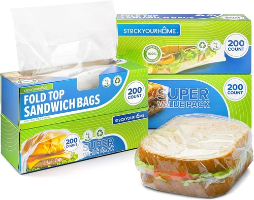 Vista 10 de Stock Your Home 200 bolsas de sándwich transparentes plegables, bolsas de plástico desechables a granel con cierre plegable para restaurantes