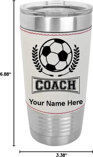 Vista 8 de LaserGram Vaso aislado al vacío de 20 onzas, entrenador de fútbol, grabado personalizado incluido (piel sintética, estilo béisbol)