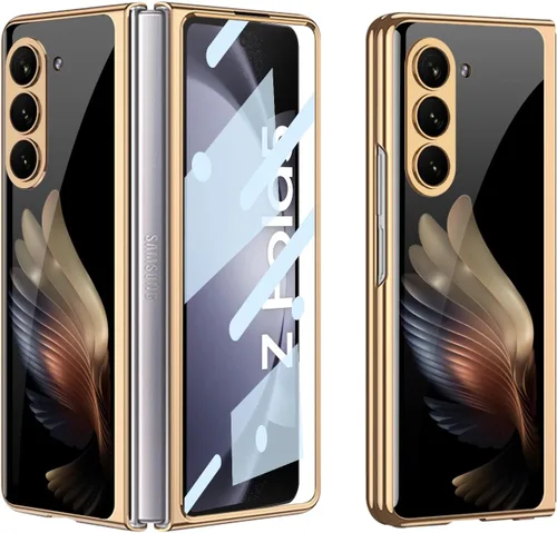Vista 29 de Funda para Galaxy Z Fold 5, elegante marco galvanizado con vidrio estampado, protector de pantalla integrado compatible con Samsung Galaxy Z Fold 5