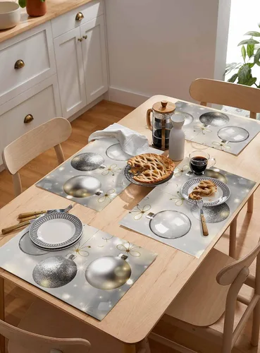 Vista 6 de Juego de 6 manteles individuales de bolas de Navidad para mesa de comedor, paño de lino de algodón para mesa cuadrada/rectangular/redonda