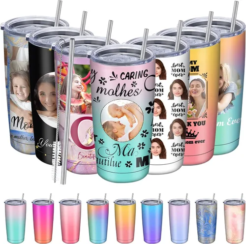 Vista 17 de Regalos para el Día de la Madre, vaso personalizado con foto de mamá, vasos delgados con tapa de nombre y pajita, 20 onzas, taza de café de viaje