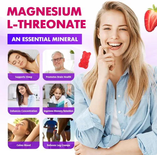 Vista 3 de Gomitas de magnesio L-treonato de 1000mg para niños y adultos - Apoyo para el sistema muscular y nervioso, veganas, sin azúcar sabor fresa, 60