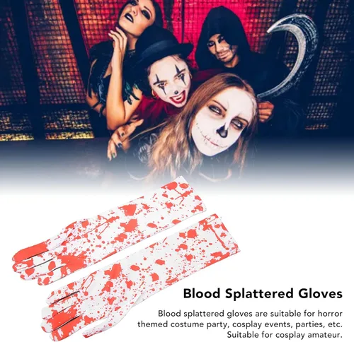 Vista 5 de Semme Guantes sangrientos de Halloween, 1 par de guantes horribles con efecto salpicado, accesorio de disfraz de cosplay para asesino