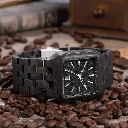 Vista 2 de Relojes de madera cuadrados únicos para hombre, ébano, arce rojo, sándalo, correa de madera completa, reloj de cuarzo con fecha