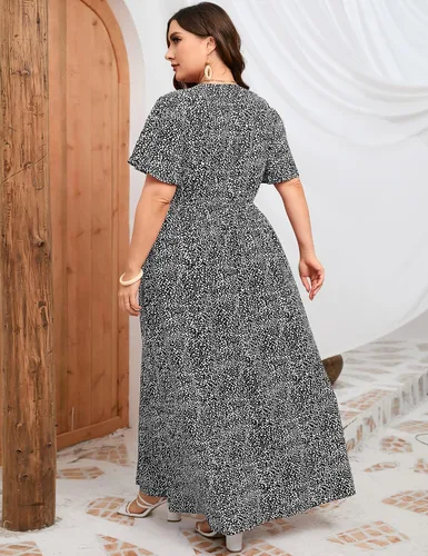 Vista 6 de KOJOOIN Vestido largo cruzado de talla grande para mujer, mangas cortas con volantes, cintura imperio, dividida, acampanado, vestido casual bohemio