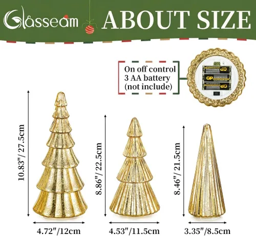 Vista 6 de Glasseam Centros de mesa de Navidad dorados para mesa: juego de 3 árboles de Navidad de vidrio de mercurio con luces, árboles de Navidad de mesa