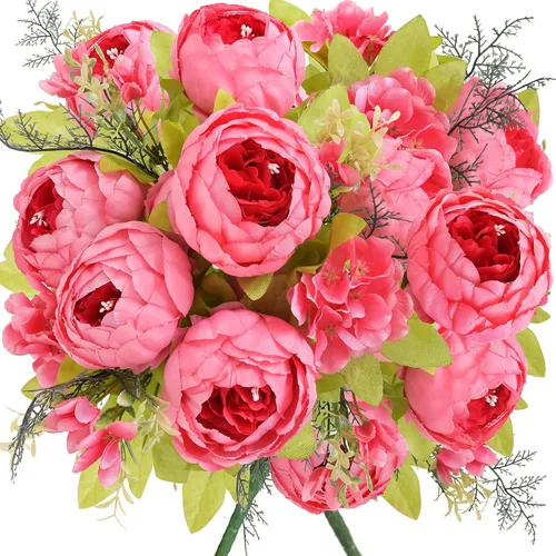 Vista 9 de Ramo de peonías artificiales – Juego de 2 tallos de flores de seda sintética – Ramos listos para el estilo para bodas, decoración del hogar, eventos
