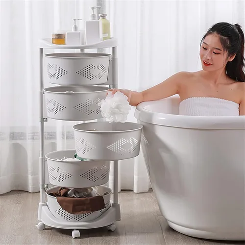 Vista 5 de Soporte de almacenamiento giratorio multifuncional de 5 niveles con 5 ruedas bloqueables para cocina, dormitorio, sala de estar