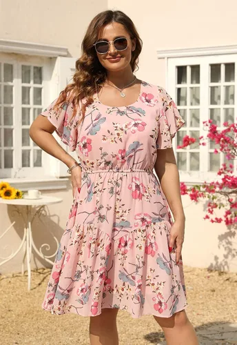 Vista 2 de Nemidor NEM297 - Vestido casual de verano con estampado, de gasa para mujer, talla extragrande, con manga con volantes, por debajo de la rodilla