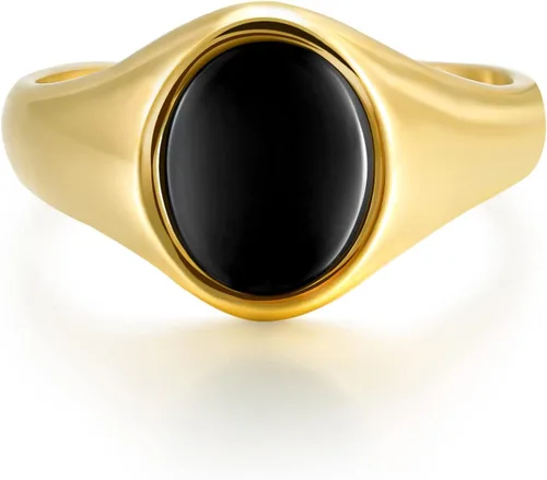 Vista 2 de TRUMIUM Anillos de sello chapados en oro de 18 quilates para hombres y mujeres, con incrustaciones de ónix negro, anillos de boda ligeros y gruesos