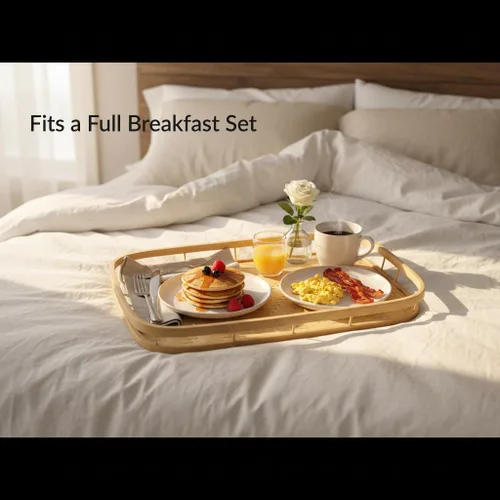 Vista 5 de PEMAR Juego de 4 bandejas de servir de mimbre de bambú para alimentos y bebidas, bandejas rectangulares para desayuno en la cama con asas, bandejas
