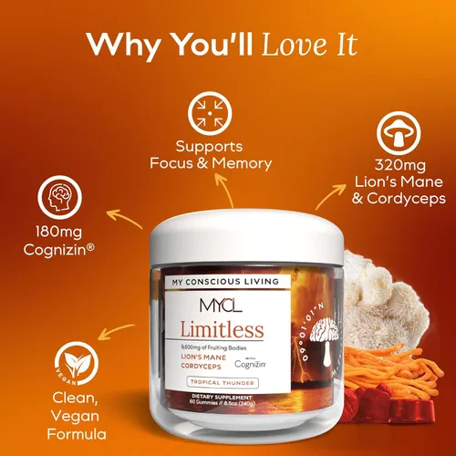 Vista 6 de MYCL Limitless 320 mg Cordyceps and Lions Mane - Gomitas de hongos para niños y adultos con 180 mg de citicolina de Cognizina, enfoque, claridad