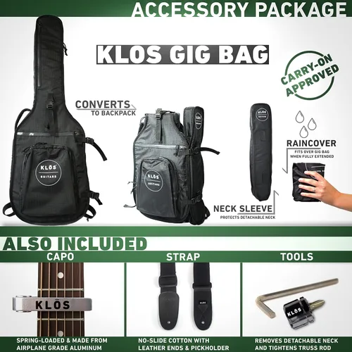 Vista 6 de KLOS - Guitarra acústica de fibra de carbono duradera, color negro con estuche, correa, cejilla y más