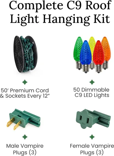 Vista 4 de Pro Christmas - Kit de luces C9 para exteriores, blanco cálido, cable verde, 50 bombillas, 50 pies