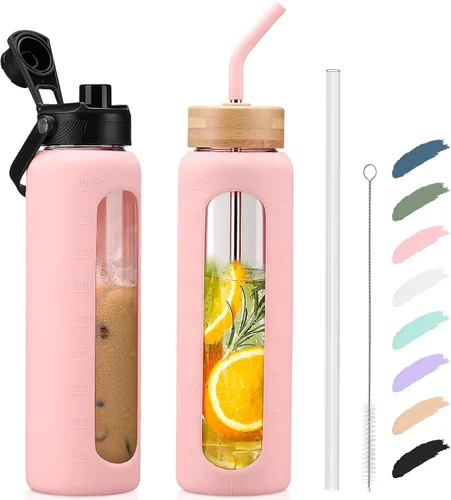 Vista 9 de Botella de agua Kodrine con pajita, botella de vidrio de 24 oz con 2 tapas, una de pajita de bambú y otra con pico y asa, botella de vidrio