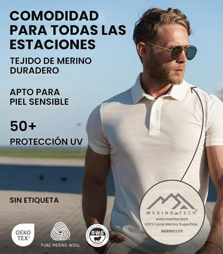 Vista 5 de 100% Merino Wool Polo Shirt Men - Short & Long Sleeve Shirt Base Later Negro