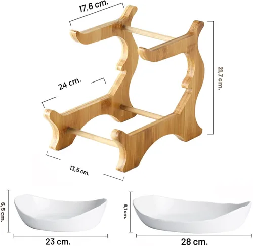 Vista 2 de Liywall - Frutero de cerámica de 2 niveles con soporte de madera de bambú para encimera de cocina,Cesta de frutas de porcelana para almacenamiento