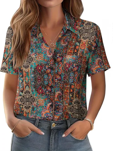 Vista 11 de Zeagoo Blusa de manga corta con botones para mujer, con bolsillo en el busto, para negocios, casual, para el trabajo, trajes de verano
