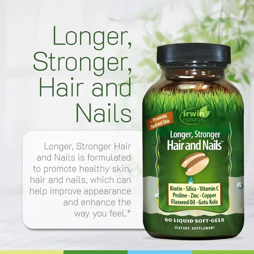 Vista 5 de Uñas saludables para piel y cabello Plus de Irwin Naturals, rico en nutrientes, proporciona brillo y fuerza, 60 cápsulas blandas líquidas