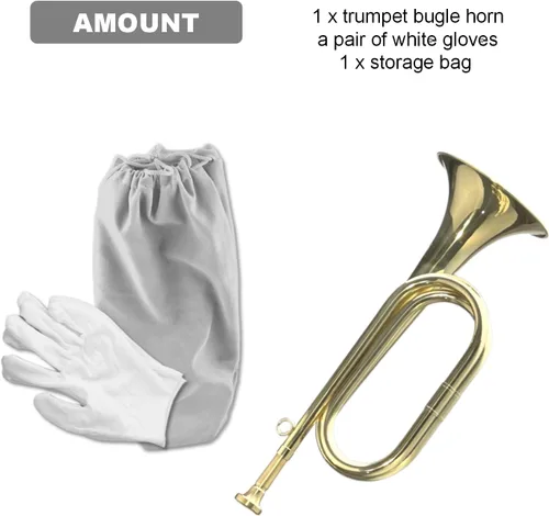 Vista 4 de CashBeat - Cuerno de corneta de latón chapado en oro, trompeta de caballería con bolsa y guantes Brass Instrument for Military Orchestra and