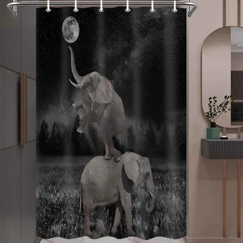 Vista 2 de Boziqr Divertidas cortinas de ducha para baño, bonita cortina de baño de elefante, luna, bosque, decoración rústica de granja, tela de poliéster