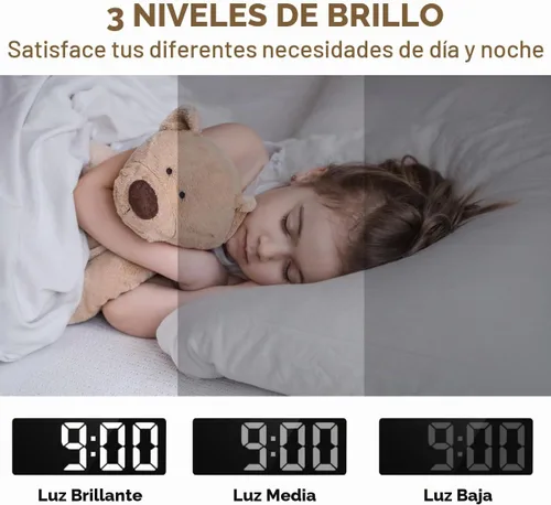 Vista 5 de Reloj Despertador Digital Pequeño, Relojes Electrónicos LED de Superficie Espejada con Pantalla Grande, Brillo Ajustable y Función de Repetición