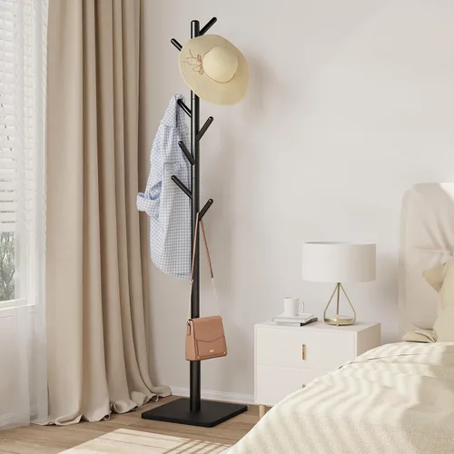 Vista 4 de Perchero de pie con base cuadrada estable para ropa, sombreros, usado en dormitorio, oficina y entrada, árbol para abrigos resistente y de fácil