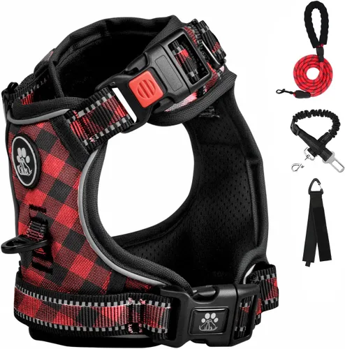 Vista 8 de FURRYFECTION Arnés a cuadros para perros pequeños Arnés reflectante sin tirones para mascotas Arnés ajustable para perro sin estrangulamiento