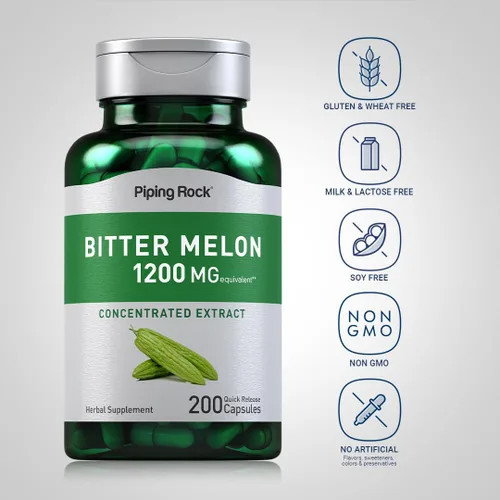 Vista 3 de Piping Rock Cápsulas de melón amargo 200 píldoras Suplemento de extracto de hierbas Momordica Charantia Sin OMG, sin gluten