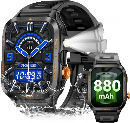 Vista 14 de Relojes inteligentes militares para hombre (responder/hacer llamadas) con potente linterna de 1.96 pulgadas HD, reloj inteligente táctico al aire